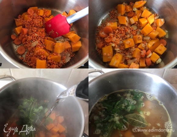 Затем добавить зелень, лавровый лист, воду или любой бульон на ваш вкус, перемешать, накрыть крышкой и варить до готовности чечевицы (примерно 20–30 минут).