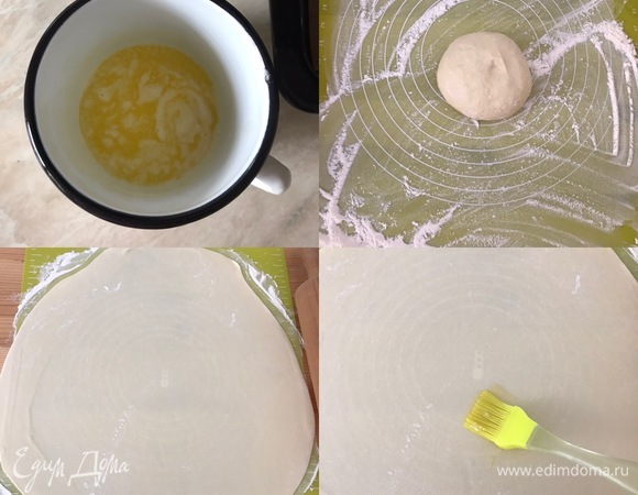 Духовку нагреть до 180°C. Сливочное масло растопить. Силиконовый коврик посыпать оставшейся мукой, переложить тесто и очень тонко раскатать. На фото видно, что сквозь тесто просвечивается коврик. Тесто очень податливое, оно прекрасно тянется, и его очень легко раскатать. Потом тесто смазываем маслом (немного масла оставляем, нам надо будет смазать им рулет) и посыпаем орехами.