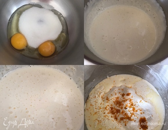 Духовку нагреть до 160°C. Форму для кекса диаметром 26 см застелить бумагой для выпечки. Яйца комнатной температуры  хорошо взбить с сахаром и солью. Взбивать надо минут 5–7, должна получиться пышная масса, если яйца плохо взбить, то кекс получится резиновым. Затем добавить молоко, растительное масло и опять хорошо взбить. В конце добавить просеянную муку, разрыхлитель, ванильный сахар, цедру и еще раз перемешать на средней скорости.