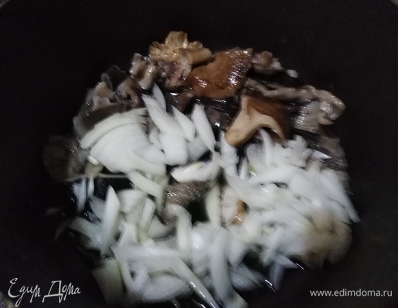 Грибы обжарить на смеси сливочного и растительного масла. Добавить репчатый лук. Обжарить.