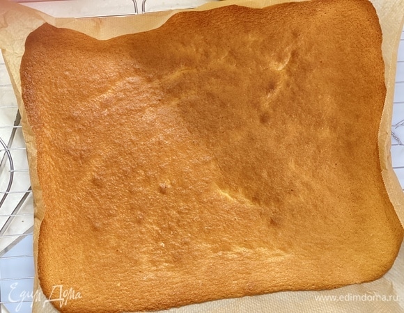 В чаше взбить яйца с сахаром в пышную и устойчивую массу. Затем в 2 приема всыпать муку и крахмал. Аккуратно перемешать лопаткой движениями снизу вверх. Выложить тесто на противень, застеленный пергаментом. Выпекать при 170°C 10–15 минут. Остудить.