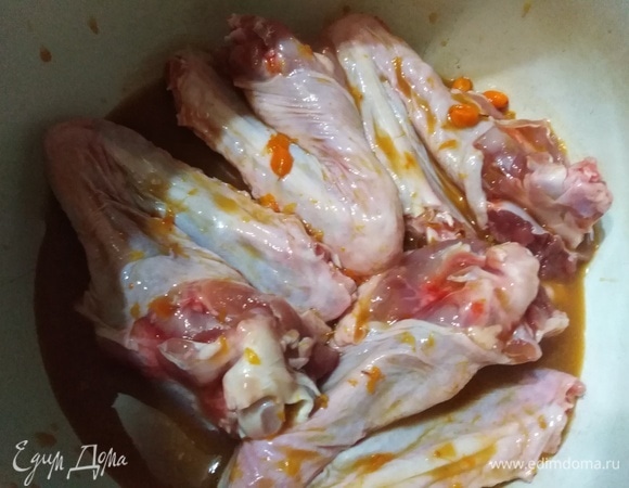 В посуду выкладываем куски утки. Поливаем маринадом.