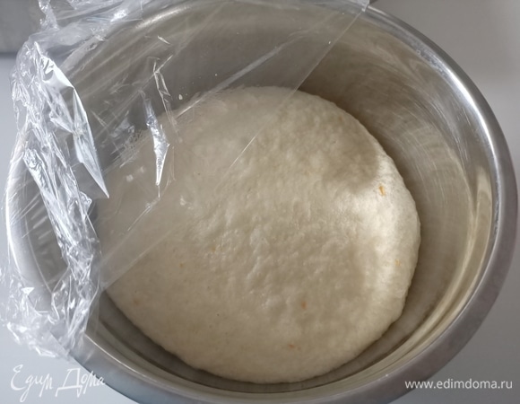 Переложить тесто в глубокую миску. Накрыть пищевой пленкой и поставить в теплое место на 2–3 часа.