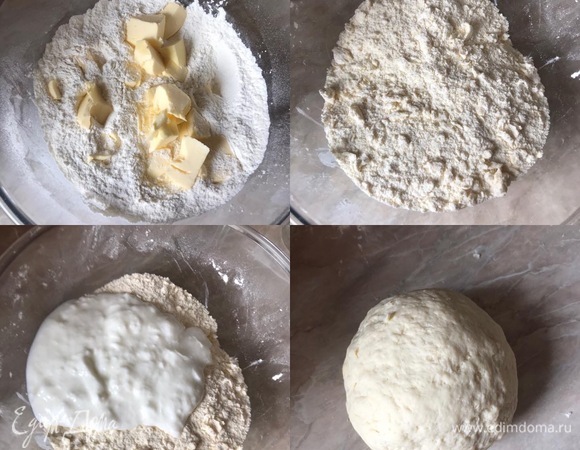 В миску просеять муку, добавить соль, ванильный сахар, разрыхлитель и холодное масло. Все хорошо перетереть руками в крошку, затем добавить простоквашу, замесить нежное и слегка липнущее к рукам тесто. Завернуть в пищевую пленку и отправить в холодильник на 30 минут.