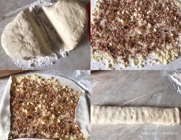 Духовку нагреть до 180°C. Стол припылить мукой, тесто разделить на 2 части. Раскатать тонко тесто, положить на тесто половину начинки, посыпать орехами и добавить изюм. Аккуратно свернуть в рулет. То же самое повторить с оставшимся тестом и начинкой.