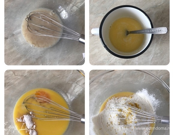 В миске смешать венчиком 60 мл теплого молока, дрожжи, сахар и дать постоять 5 минут. Отдельно растопить масло в оставшемся молоке и остудить до теплого состояния. Потом добавить в дрожжевую смесь яйцо комнатной температуры, растопленное масло в молоке и хорошо перемешать венчиком.