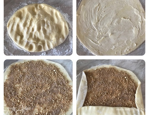 Стол слегка посыпать мукой, переложить на него тесто и раскатать. Потом смазать сливочным маслом, посыпать ореховой начинкой, свернуть в рулет и нарезать.