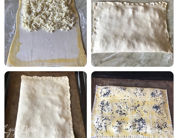 Желток смешать с молоком и смазать края теста. На половину теста выложить сыр и накрыть второй половиной теста. Хорошо зажать края и аккуратно срезать лишнюю часть теста. Верх пирога смазать желтком, сделать надрезы и посыпать кунжутом.