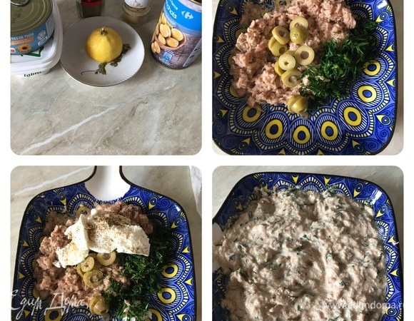 Из банки с тунцом слить жидкость. Переложить рыбу в тарелку, у меня тунец уже измельченный. Оливки и укроп нарезать. Добавить к рыбе сыр (у меня турецкий сыр «Лабне», но его можно заменить «Филадельфией»), зелень, оливки, перец, чесночный порошок, лимонный сок и аккуратно перемешать.