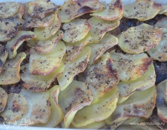 Аккуратно по краю, чтобы не нарушить слои, влейте 2 стакана питьевой воды. Поставьте картофельную запеканку в духовку: она должна полностью пропечься и зарумяниться за 45 мин.