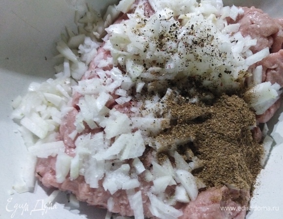 В фарш добавить перец, соль, кориандр и репчатый лук. Перемешать.