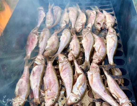 И обязательно надо упомянуть, что рыбка эта очень хороша в копченом виде. Нужна просто обычная коптильня. На дно сыпануть немного, неполную горсть буквально, ольховых (это лучше всего для цвета и вкуса) стружек. А на решетки в коптильне вот так выложить рыбок. Можно рыбок и на спинку положить, но, на мой взгляд, барабулька — рыба весьма жирная сама по себе, так что можно и на бочок. Сока хватит, я вас уверяю.