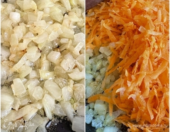 И в этом замечательном масле сначала мелко нарубленный лук согреть надо, дать ему маслом пропитаться и запрозрачноветь, смягчиться, избавиться от своего навязчивого резкого аромата и вкуса. А стать таким… нежным, сладким и ласковым. И как только…, то сразу добавить тертую морковь и деликатно перемешать. И также деликатно, время от времени перемешивая, на нагреве чуть выше среднего, под крышкой эту овощную смесь потушить. До смягчения моркови.