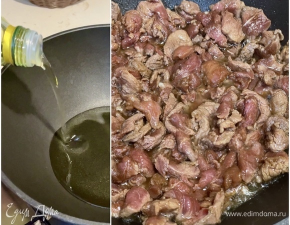 Сковорода нужна или вокообразная, или вовсе вок. Масло. Растительное. Вот, как по мне, так самый оптимальный вариант — это масло из виноградных косточек. Хорошо разогреть. И уже потом в сковороду отправляется мясо.