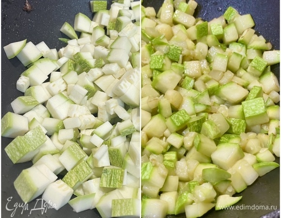 А в сковороду вместо мяса я высыпал кабачок. Некрупным кубиком нарезанный кабачок. Почему именно кабачок? А так захотелось. Хотите, замените его баклажаном или даже картошкой. В общем, тут остается место для фантазии в соответствии с личными пристрастиями и пожеланиями.