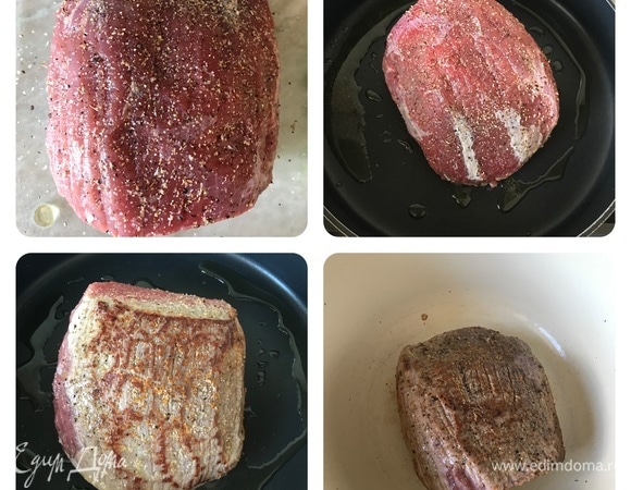 Мясо натереть солью, черным перцем, чесночным и луковым порошком. В сковороде с толстым дном разогреть масло и на сильном огне слегка обжарить мясо со всех сторон. Переложить мясо в чугунок.