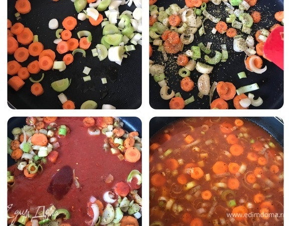 В эту же сковороду, в которой мы обжаривали мясо, добавляем овощи, орегано и слегка тушим. Потом добавляем томатный соус, острый соус (я добавила шрирачу), сахар, соль, черный перец, чили, уксус, перемешиваем и тушим одну минуту. В конце добавляем лавровый лист, воду, перемешиваем, тушим еще 1–2 минуты и заливаем этим соусом мясо.