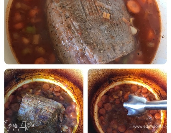 Накрываем чугунок крышкой и ставим в духовку. Готовим мясо 2–3 часа, периодически открываем чугунок и переворачиваем мясо.