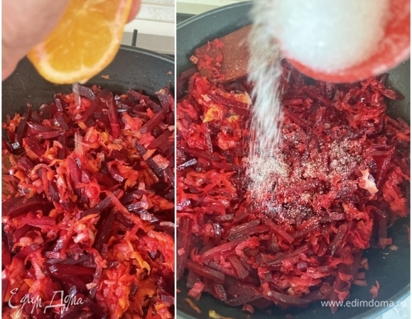 К содержимому добавьте сок свежих лимонов, а также пару чайных ложек  сахара. Все это очень аккуратно прогрейте, постоянно перемешивая. Важно смесь не пережарить.  