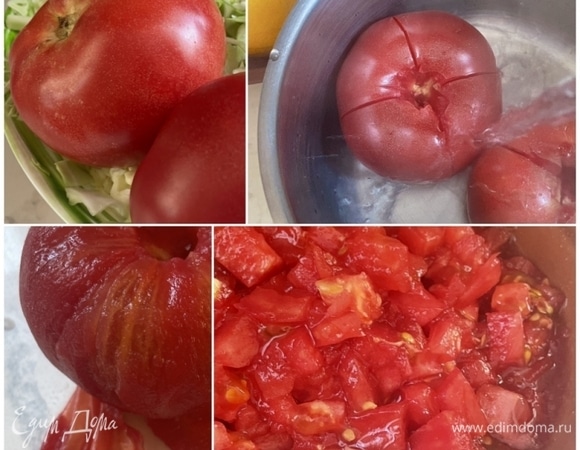Несколько крупных помидоров надрежьте, ошпарьте, остудите, затем снимите шкурку и порубите томаты на некрупные кубики. 