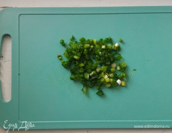 Стебли зеленого лука вымыть, обсушить, мелко нарезать.