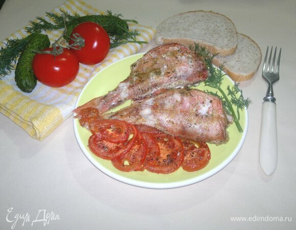 Разложить запеченного морского окуня по порциям вместе с кружками помидоров. Подавайте блюдо к столу. Приятного аппетита!