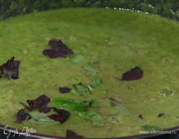 Листья базилика порвать руками и добавить в суп.