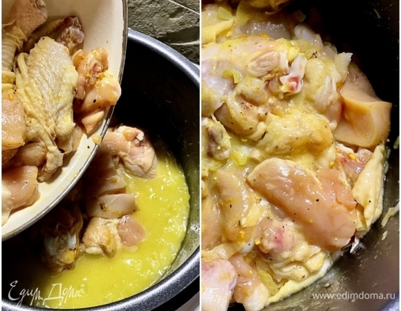 И в этот соус выложил я курицу. Те самые промаринованные кусочки.