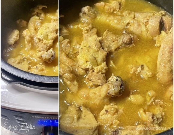 Мультиварку перевел в режим «Выпечка» (это не я придумал, это автор рецепта так посоветовал), крышку закрыл и 20 минут при открытом клапане (то есть в режиме не скороварки) курочка томилась. Вот что образовалось в чаше.