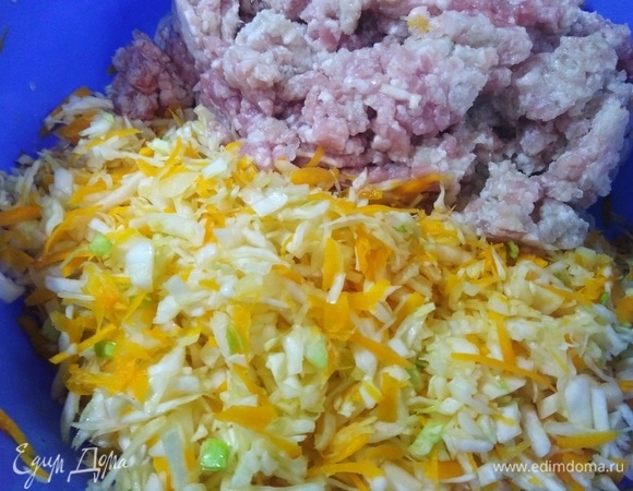 Смешать капусту, тыкву и фарш. Посолить, добавить перец.