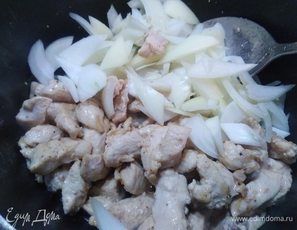 Фасоль отварить в подсоленной воде до готовности, примерно 1 час 30 минут. За это время обжарить куриную грудку. Посолить, посыпать перцем, добавить нарезанный репчатый лук и острый перец. Припустить до прозрачности лука.