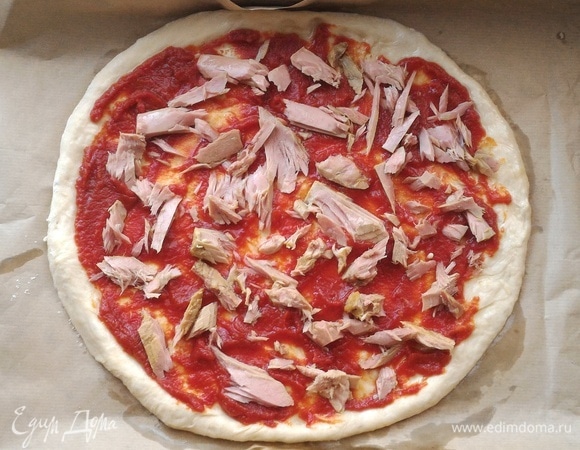 На соус разложить кусочки консервированного тунца.