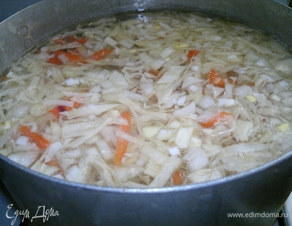 Добавить нарезанные морковь и лук в кастрюлю, продолжать варить до готовности капусты и овощей.