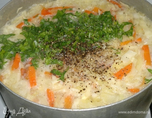 Зелень петрушки и укропа вымыть, обсушить, мелко нарезать. Добавить зелень в щи, посолить по вкусу и поперчить. Варить 5 минут и выключить огонь. Дать щам настояться 10–15 минут.