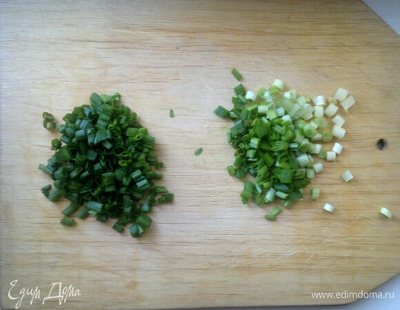 Зеленый лук помыть, обсушить, мелко нарезать. Небольшую часть лука отложить для украшения.