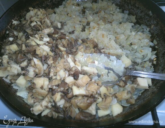 На разогретом растительном масле обжарить сначала лук до легкого румянца. Затем добавить вешенки и жарить на небольшом огне до полного испарения жидкости.