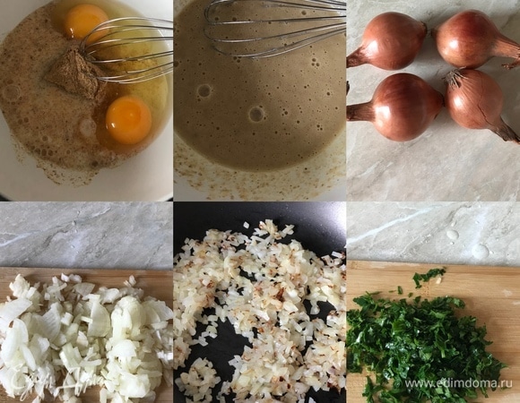 Духовку нагреть до 180°C. Яйца, панировочные сухари, молоко хорошо перемешать венчиком и дать постоять 5–10 минут. Лук мелко нарезать, подрумянить на оливковом масле и остудить.