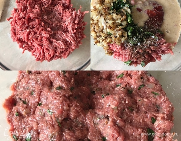 В фарш добавить соль, перец, кетчуп, мелко нарезанную петрушку, яичную смесь, лук и хорошо перемешать.
