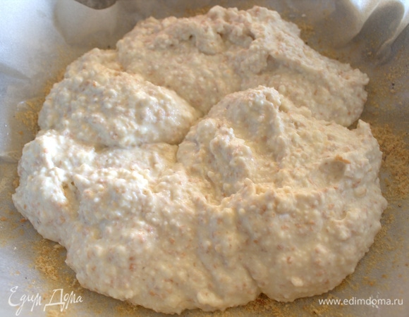 Форму 22 см в диаметре застелить пергаментом, посыпать сухарями и перенести слоем воздушное тесто, 2/3.