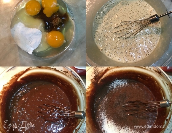 Яйца, оба вида сахара и ванильный сахар хорошо взбить. Понемногу начать добавлять сливочно-шоколадную массу во взбитые яйца, непрерывно перемешивая венчиком. Затем просеять муку, какао, соль, добавить в тесто и еще раз хорошо перемешать венчиком.