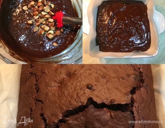 В конце добавить миндаль и слегка перемешать. Форму застелить бумагой для выпечки, переложить тесто в форму, разровнять и выпекать 30 минут.