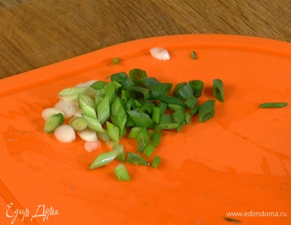 Зеленый лук тонко порезать наискосок.