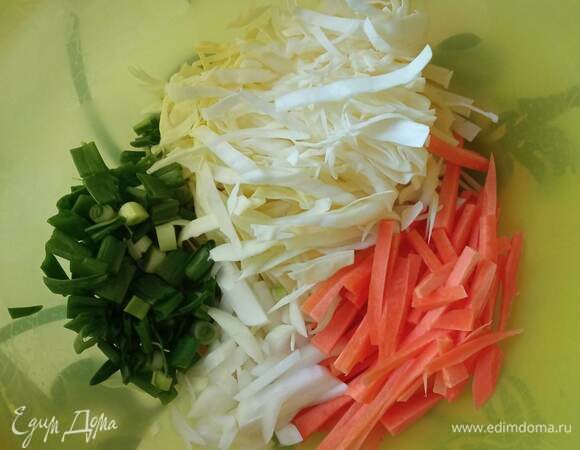 Капусту шинкуем тонкой соломкой, морковь — тонкими брусочками, репчатый лук — полукольцами, зеленый лук — некрупно.