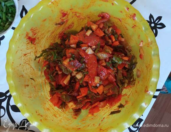 Все подготовленные ингредиенты кладем в большую миску, добавляем пасту кочудян, перец чили и сахар. Тщательно перемешиваем. Денис рекомендует делать это руками, но не забудьте надеть перчатки. Вы не ошиблись, соли здесь нет, но если она вам необходима, можно немного посолить, но совсем чуть-чуть.