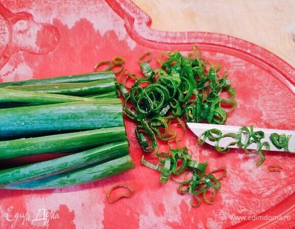 Зеленый лук нарезать тоненькими колечками.