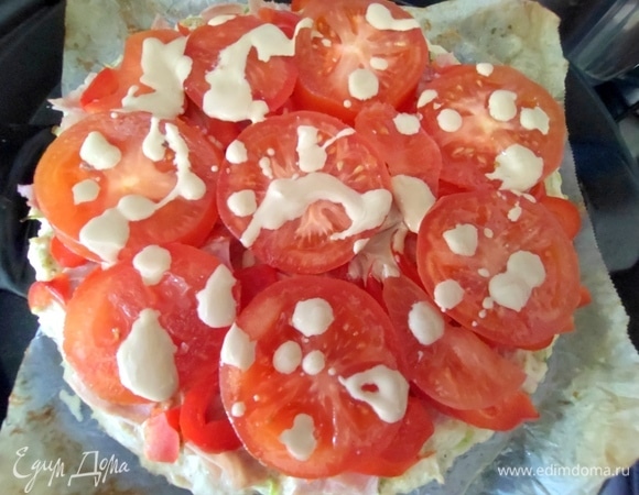 Выложить помидоры на паприку и полить остатками соуса.