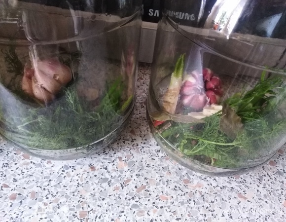 В банки на дно уложить специи.