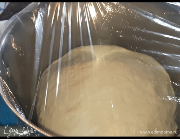 Переложите тесто в очень глубокую емкость, накройте пленкой без отверстий. Сверху укутайте чем-нибудь теплым и оставьте в теплом месте подниматься на 1,5 часа.