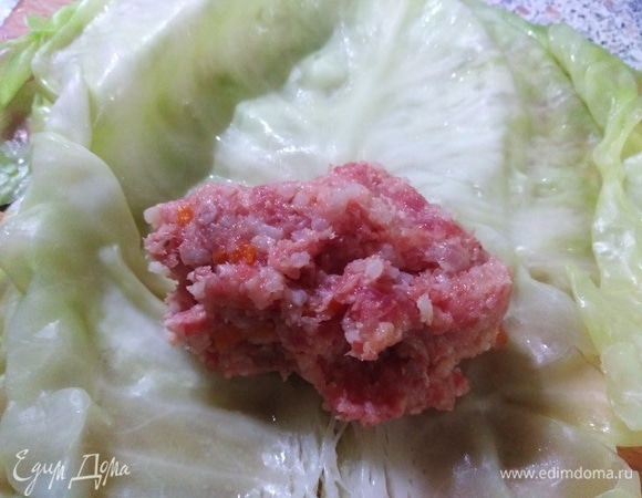 Выложить фарш на капустный лист.