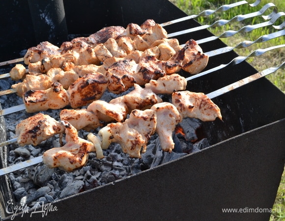 Нарезаем индейку на крупные куски, заливаем кефиром и добавляем соль, специи, лук кольцами, тщательно перемешиваем. Ставим в холодильник минимум на 30 минут, но лучше на 10–12 часов. Затем насаживаем на шампуры и готовим 8–10 минут.